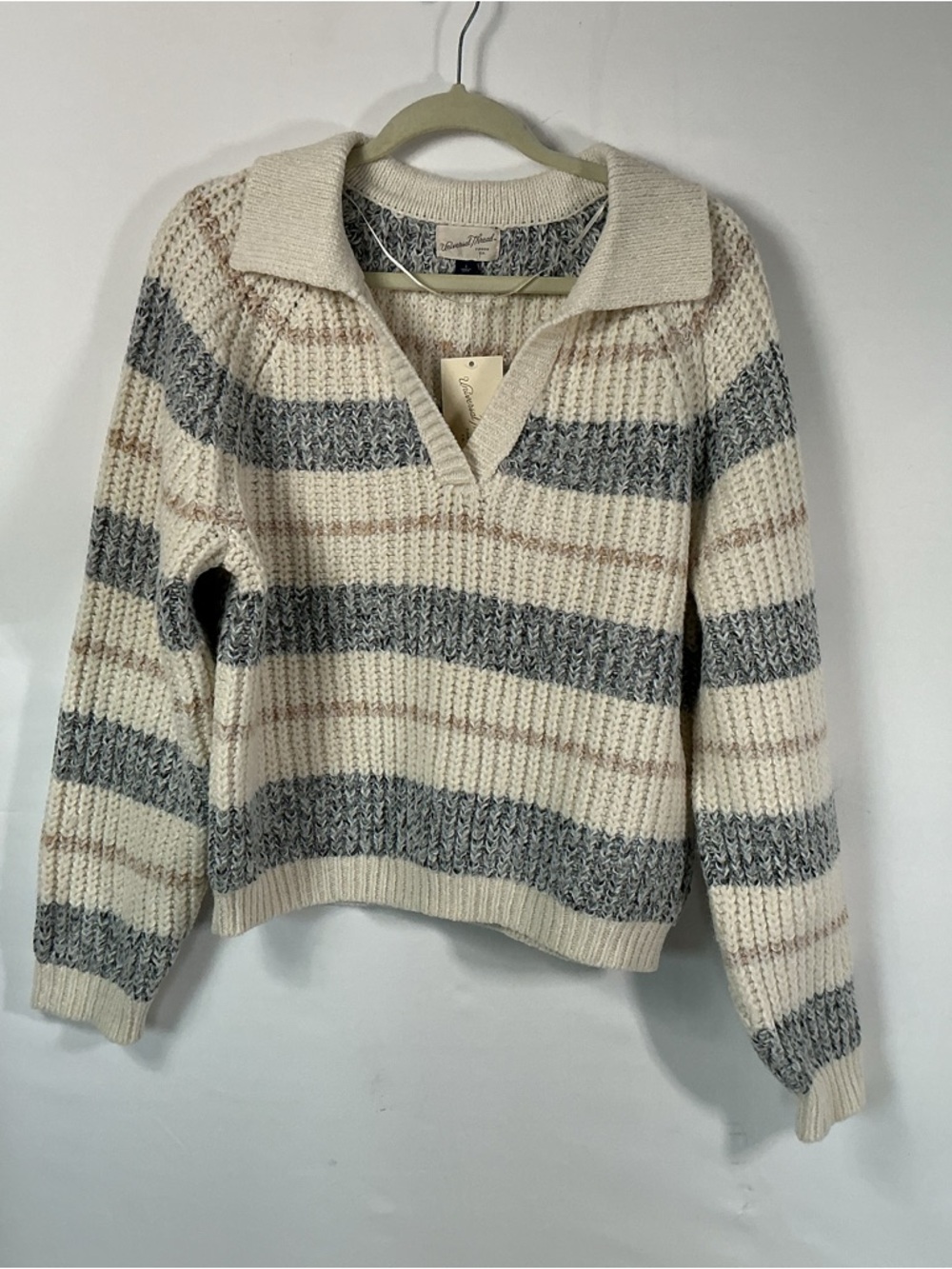 Universal Striped V-Neck Collared Sweater in Cream, Gray & Tan